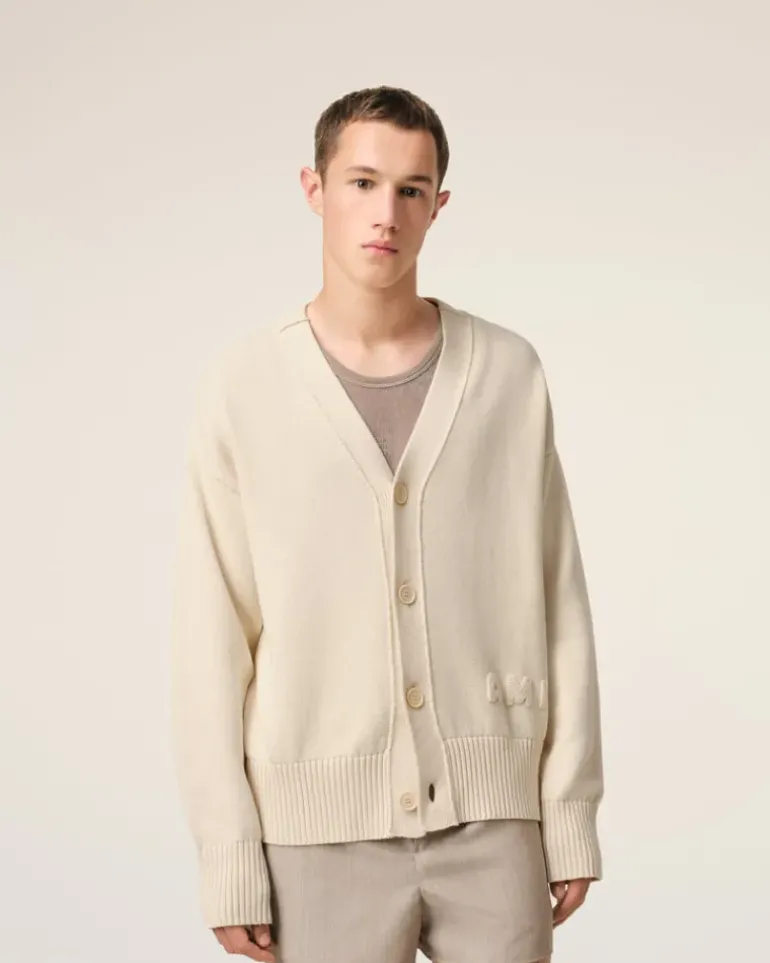Ami Paris Beige Cotton Wool Ami Embroidered Cardigan WHITE CREAM Outlet