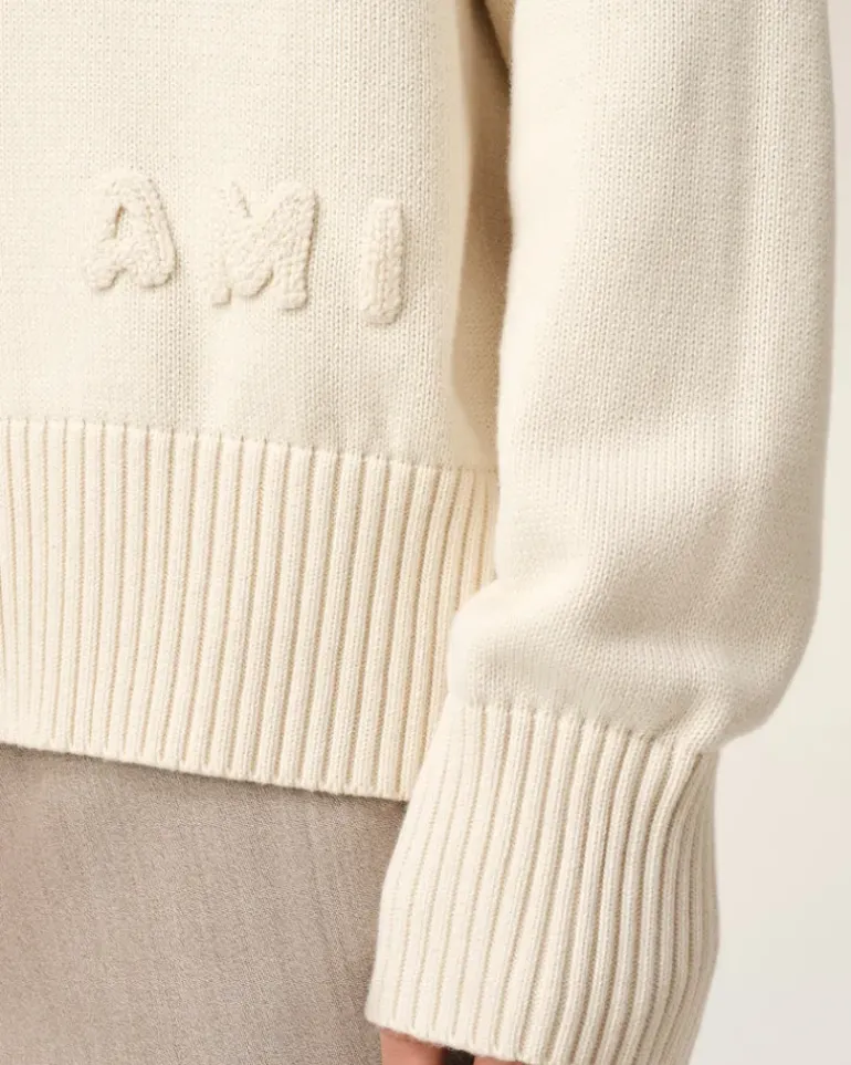 Ami Paris Beige Cotton Wool Ami Embroidered Cardigan WHITE CREAM Outlet