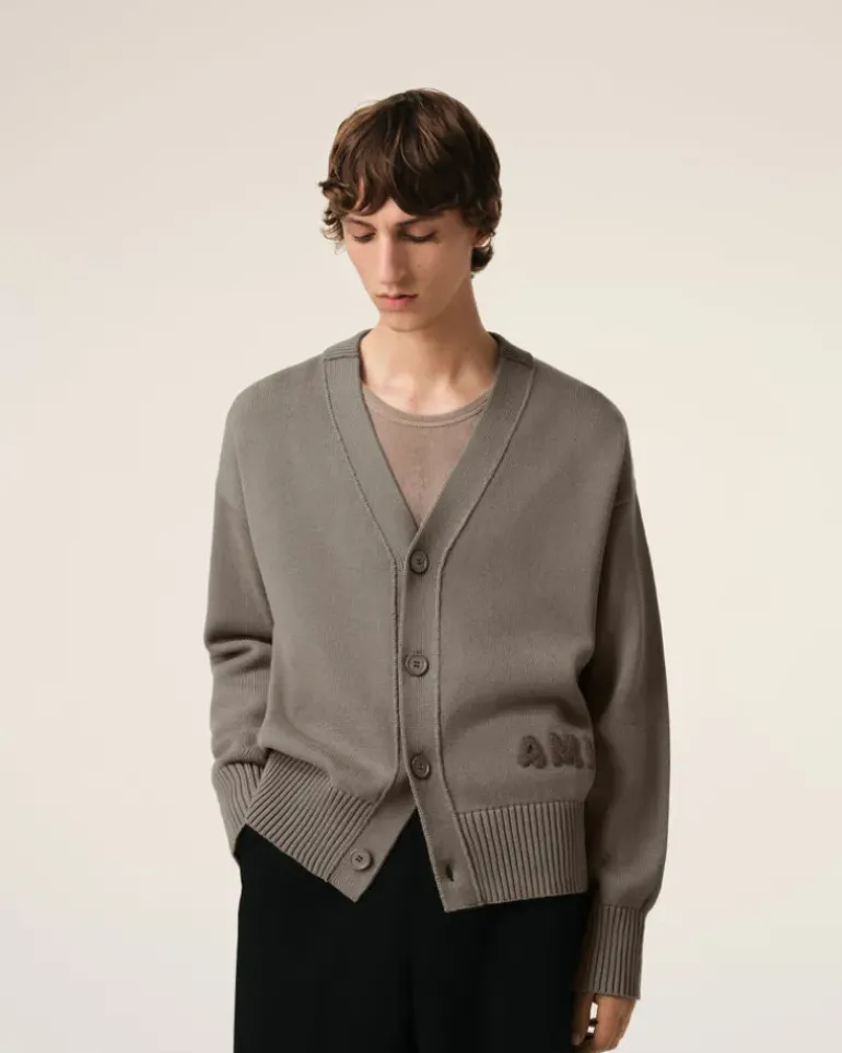 Ami Paris Beige Cotton Wool Ami Embroidered Cardigan ASH Best Sale