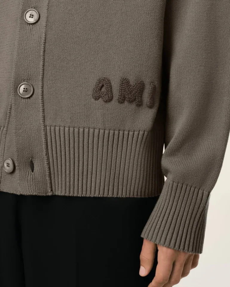 Ami Paris Beige Cotton Wool Ami Embroidered Cardigan ASH Best Sale