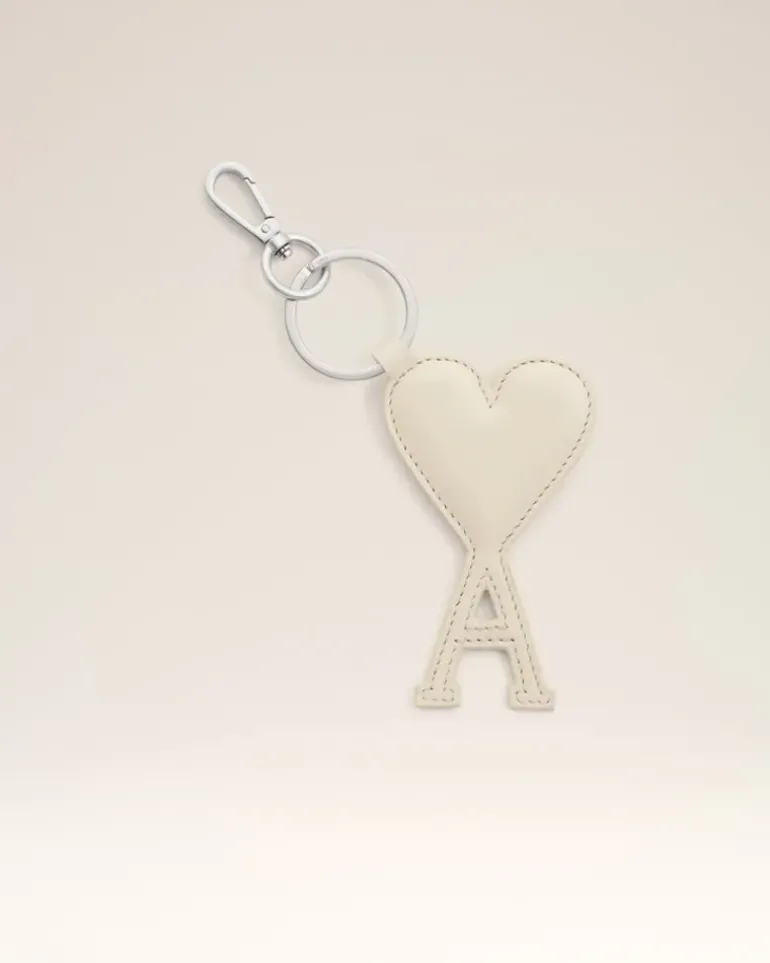 Ami Paris Beige Leather Ami de Coeur Keyring WHITE CREAM Fashion