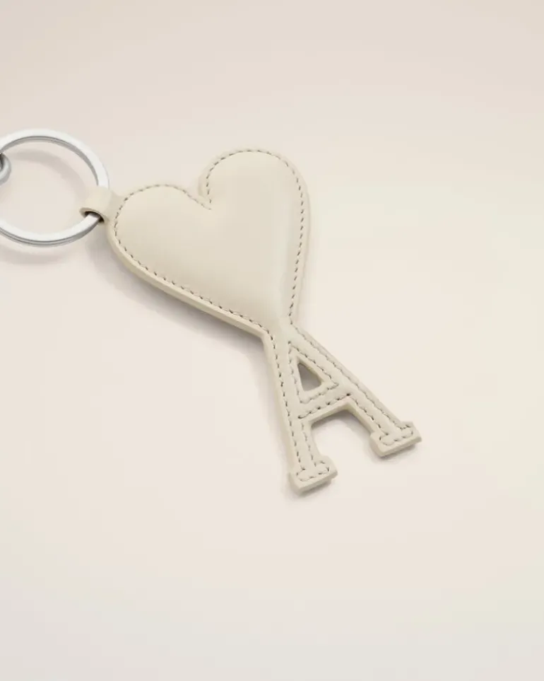 Ami Paris Beige Leather Ami de Coeur Keyring WHITE CREAM Fashion