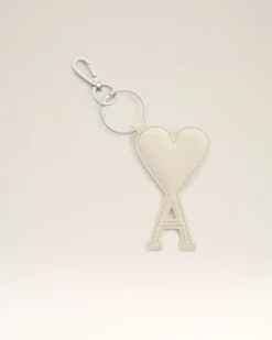 Ami Paris Beige Leather Ami de Coeur Keyring WHITE CREAM Fashion