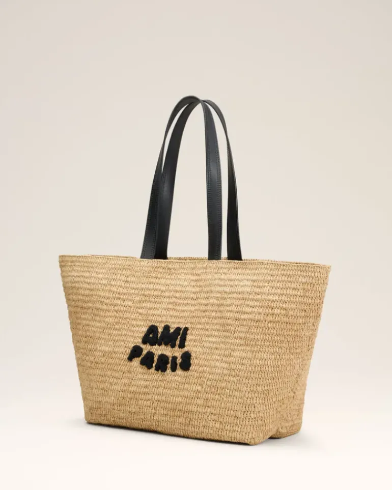 Ami Paris Beige Leather Rafia Tote Bag NATURAL Flash Sale
