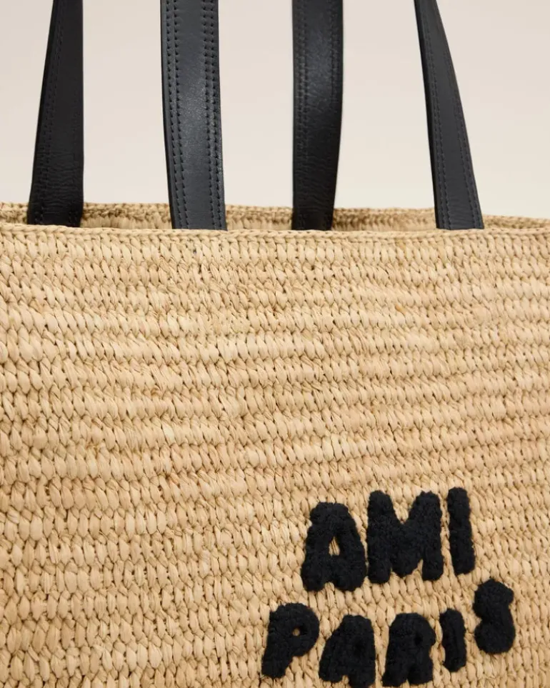 Ami Paris Beige Leather Rafia Tote Bag NATURAL Flash Sale