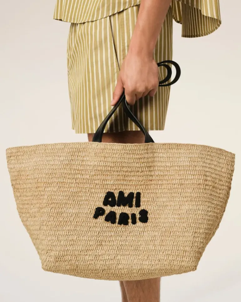 Ami Paris Beige Leather Rafia Tote Bag NATURAL Flash Sale