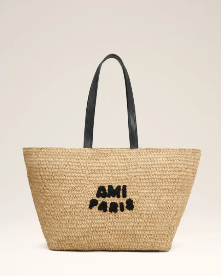 Ami Paris Beige Leather Rafia Tote Bag NATURAL Flash Sale