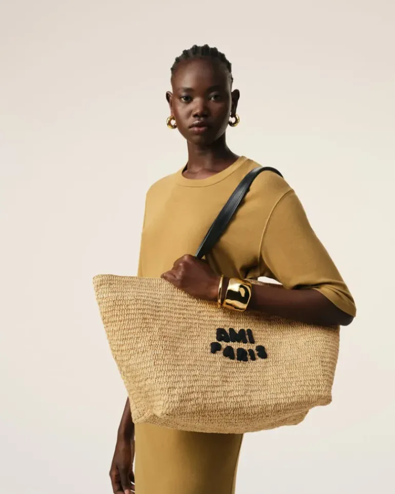Ami Paris Beige Leather Rafia Tote Bag NATURAL Flash Sale