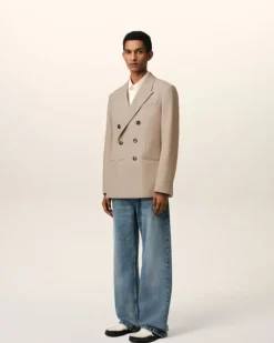Ami Paris Beige Wool Back Slit Double Breasted Jacket GINGER Hot