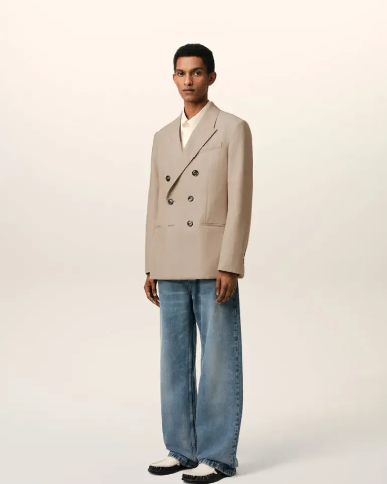 Ami Paris Beige Wool Back Slit Double Breasted Jacket GINGER Hot