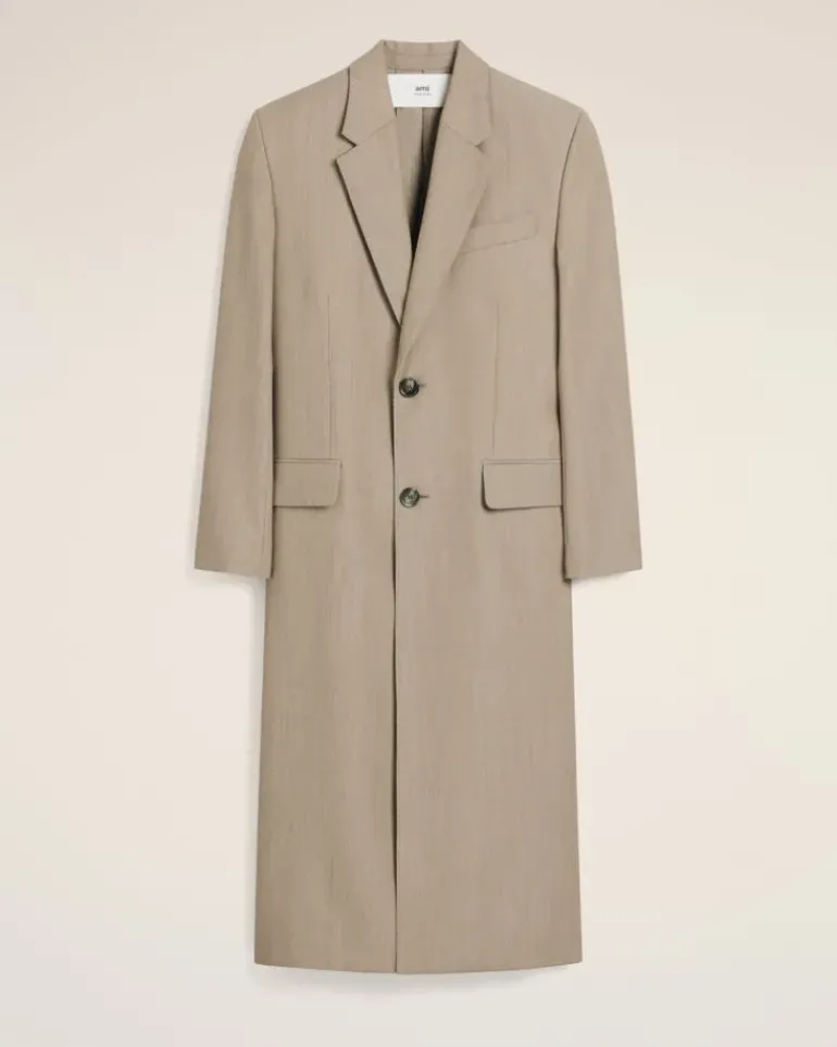 Ami Paris Beige Wool Back Slit Long Coat GINGER Best