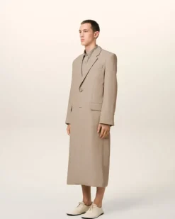 Ami Paris Beige Wool Back Slit Long Coat GINGER Best
