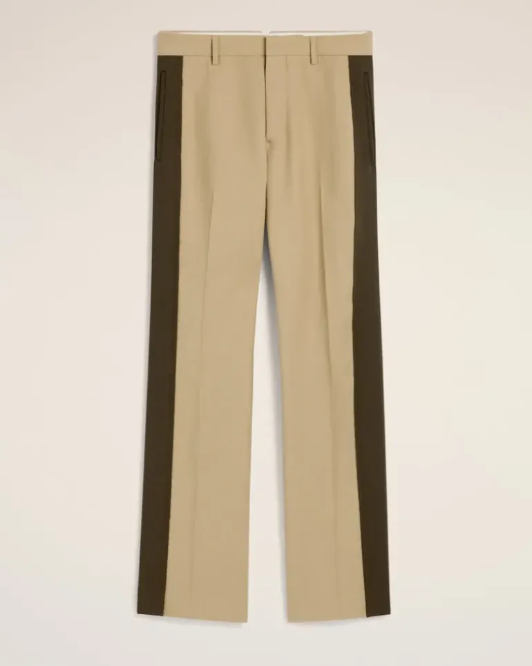 Ami Paris Beige Wool Contrasted Band Straight Trousers SAND/BLACK OLIVE Sale
