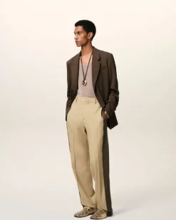Ami Paris Beige Wool Contrasted Band Straight Trousers SAND/BLACK OLIVE Sale