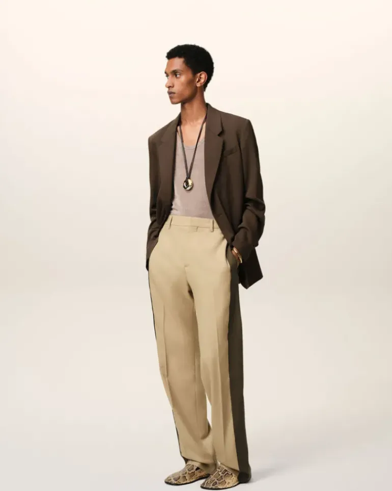Ami Paris Beige Wool Contrasted Band Straight Trousers SAND/BLACK OLIVE Sale