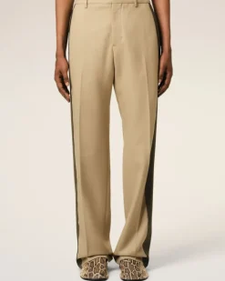 Ami Paris Beige Wool Contrasted Band Straight Trousers SAND/BLACK OLIVE Sale