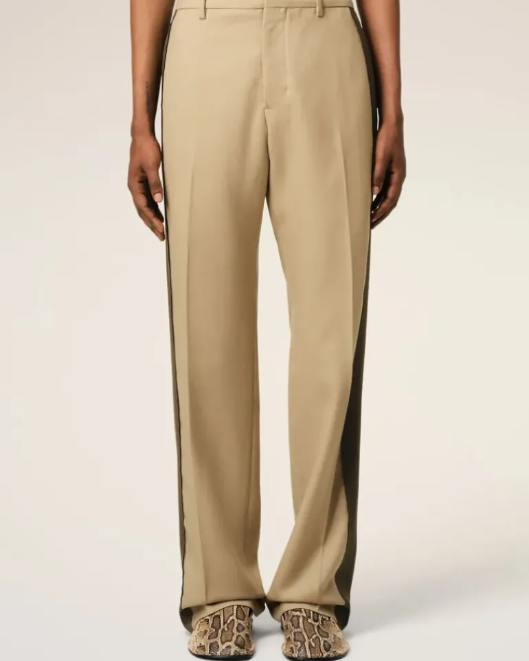 Ami Paris Beige Wool Contrasted Band Straight Trousers SAND/BLACK OLIVE Sale