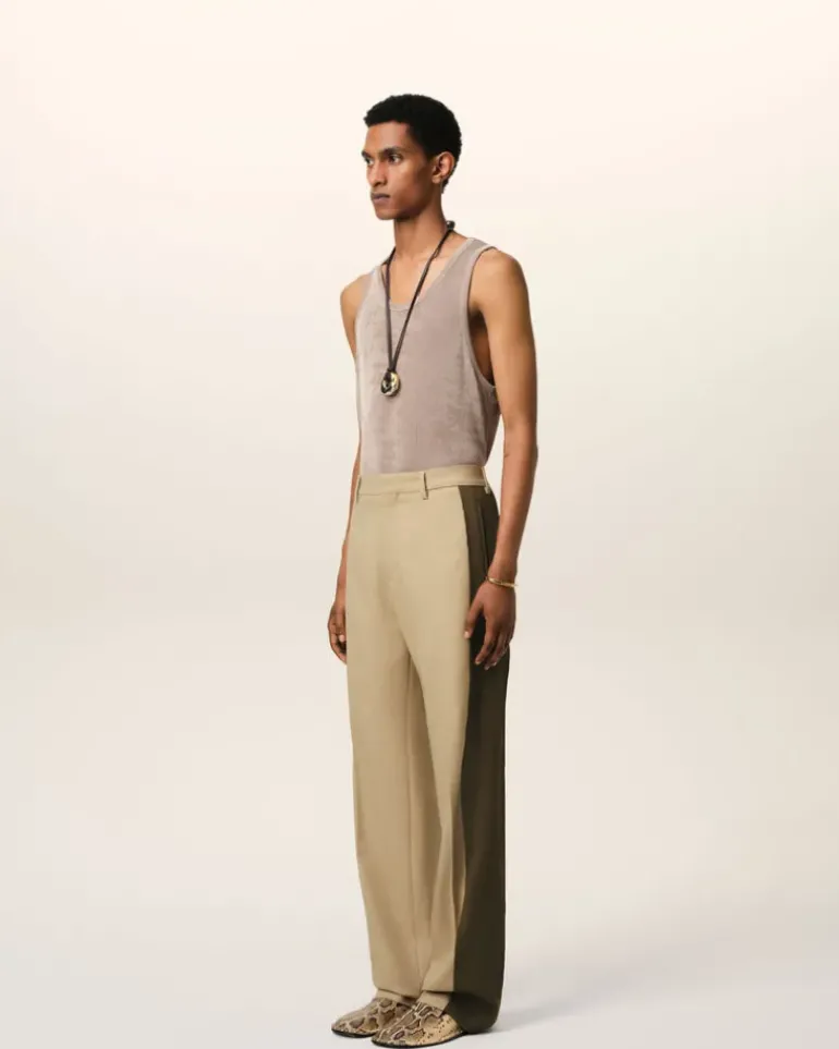 Ami Paris Beige Wool Contrasted Band Straight Trousers SAND/BLACK OLIVE Sale