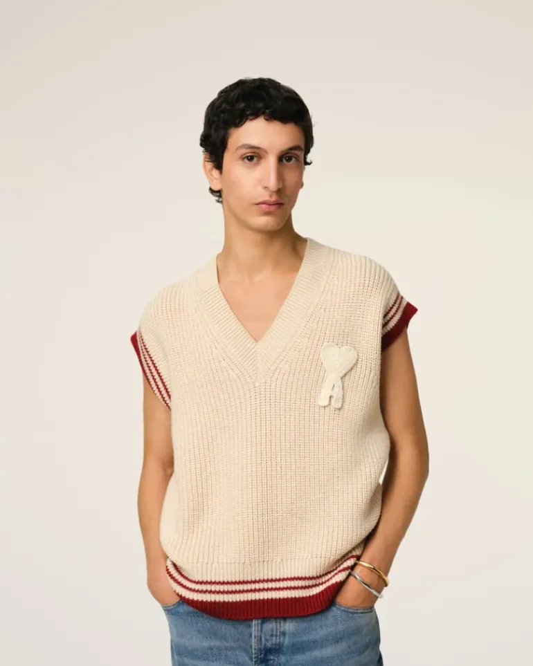 Ami Paris Beige Wool Ribbed Sleeveless V Neck Sweater WHITE CREAM Flash Sale