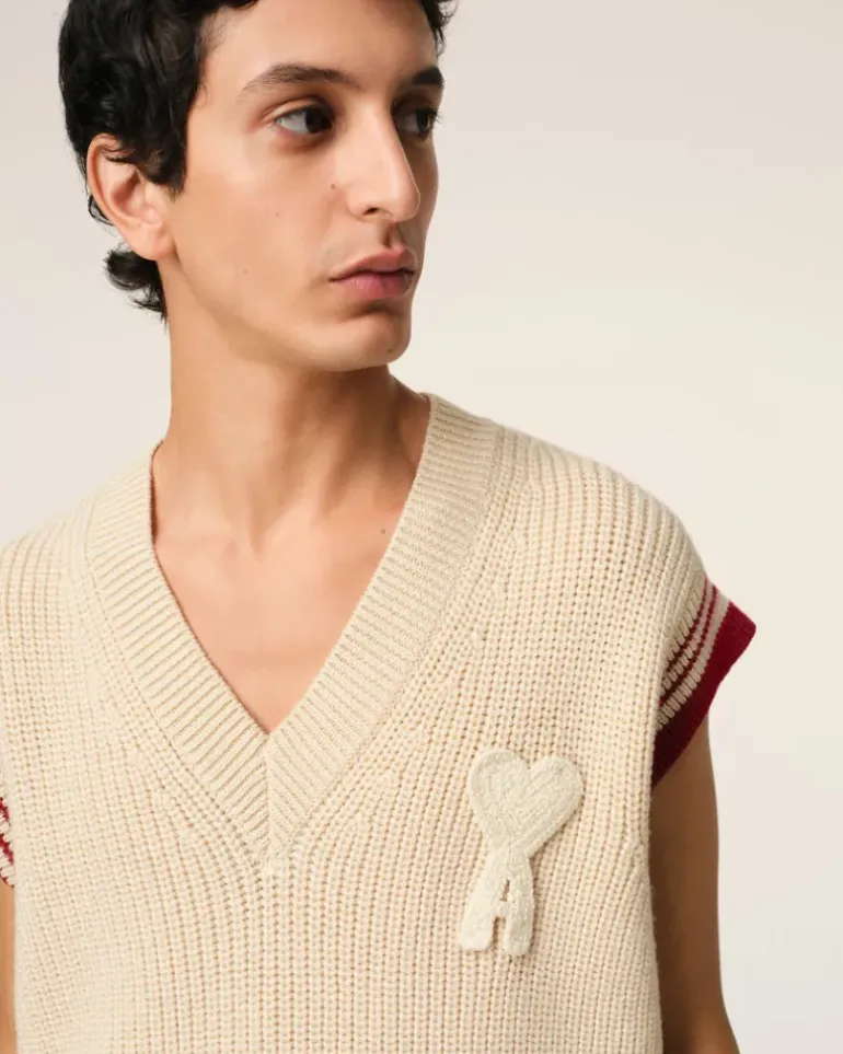 Ami Paris Beige Wool Ribbed Sleeveless V Neck Sweater WHITE CREAM Flash Sale