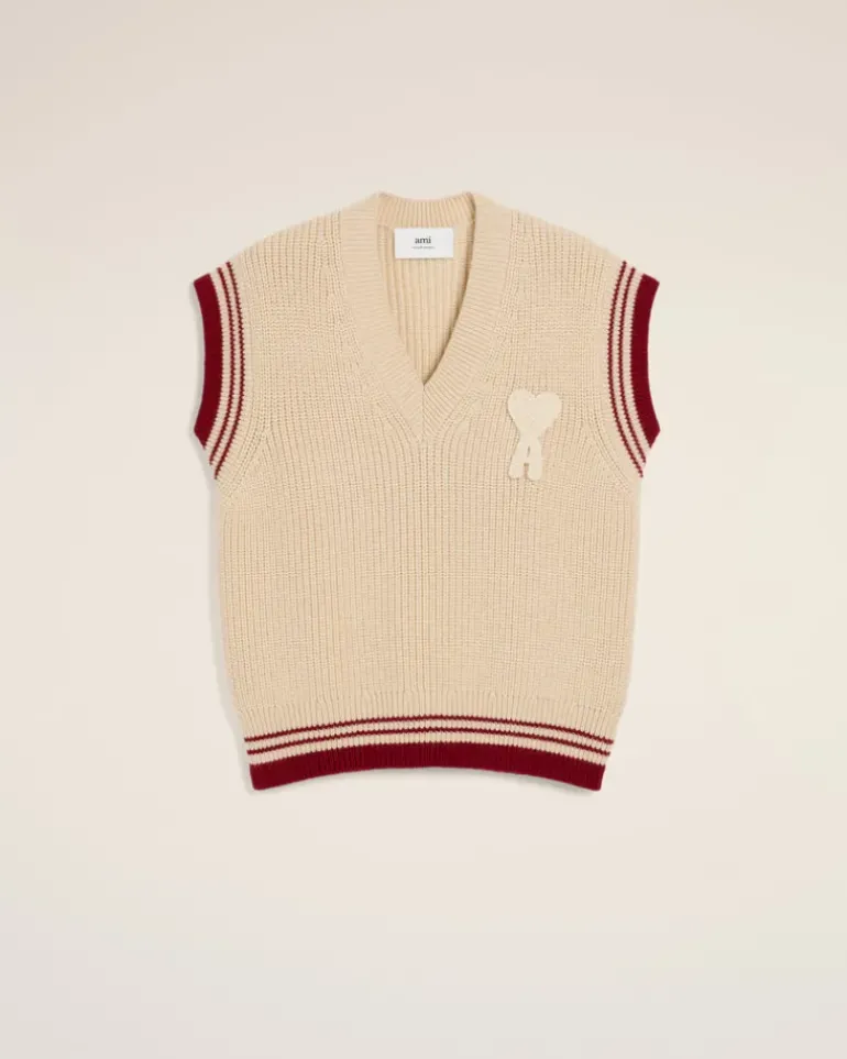Ami Paris Beige Wool Ribbed Sleeveless V Neck Sweater WHITE CREAM Flash Sale