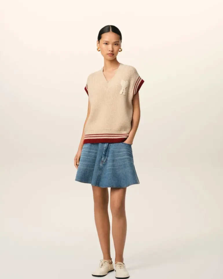 Ami Paris Beige Wool Ribbed Sleeveless V Neck Sweater WHITE CREAM Flash Sale