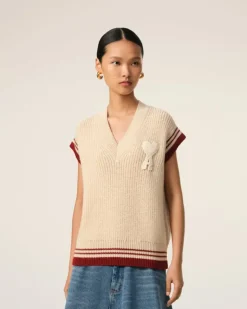 Ami Paris Beige Wool Ribbed Sleeveless V Neck Sweater WHITE CREAM Flash Sale