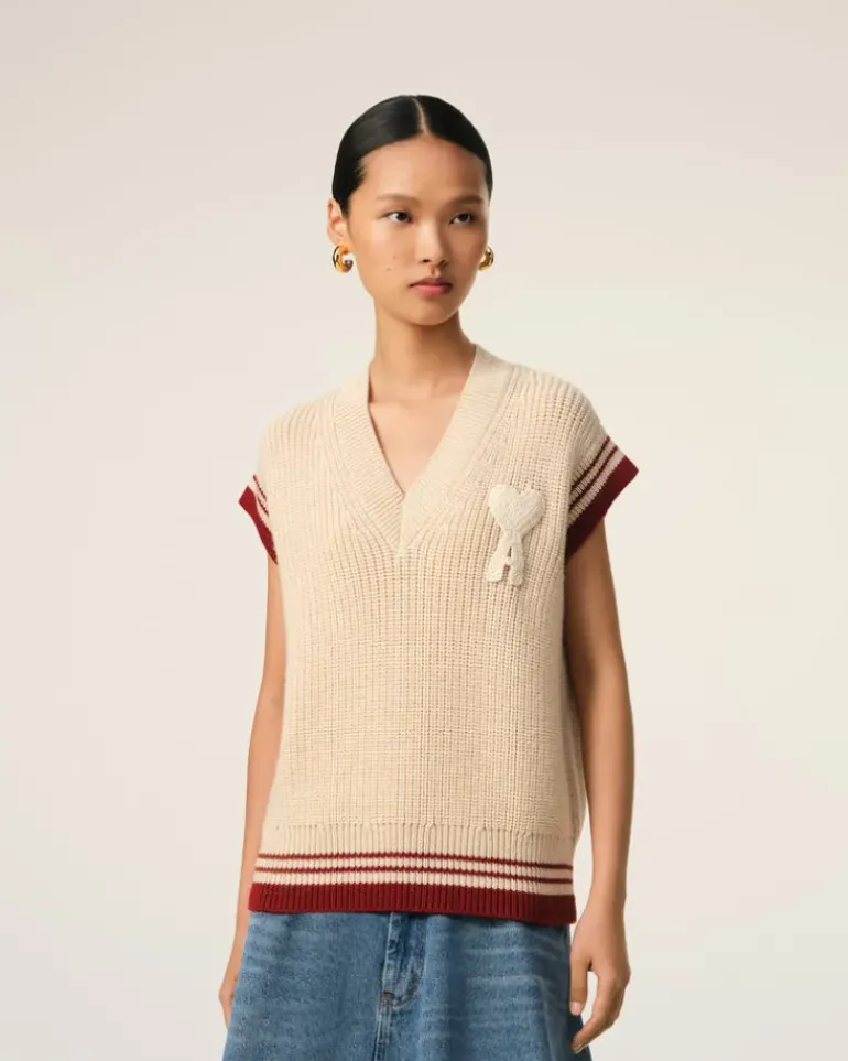 Ami Paris Beige Wool Ribbed Sleeveless V Neck Sweater WHITE CREAM Flash Sale