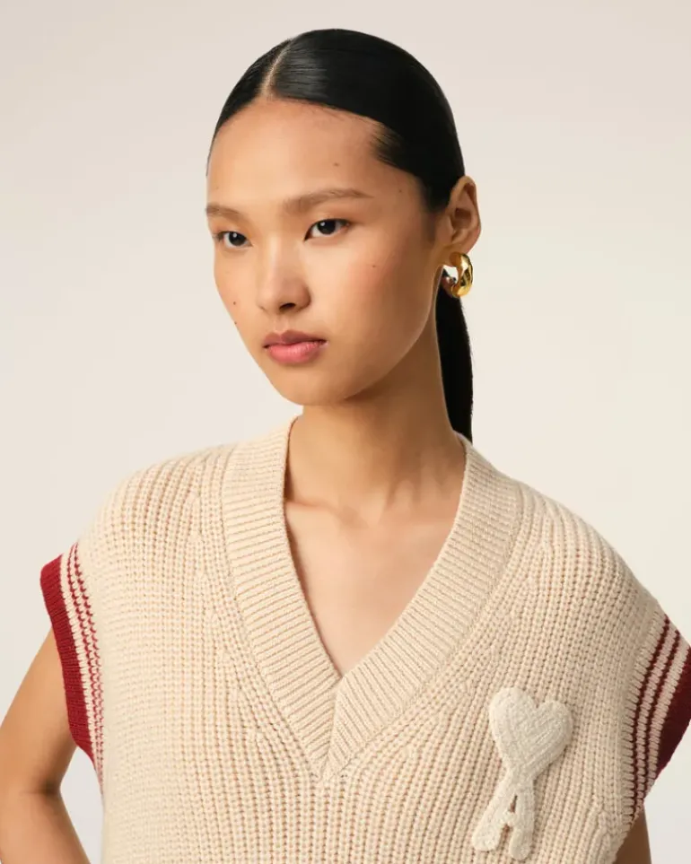 Ami Paris Beige Wool Ribbed Sleeveless V Neck Sweater WHITE CREAM Flash Sale
