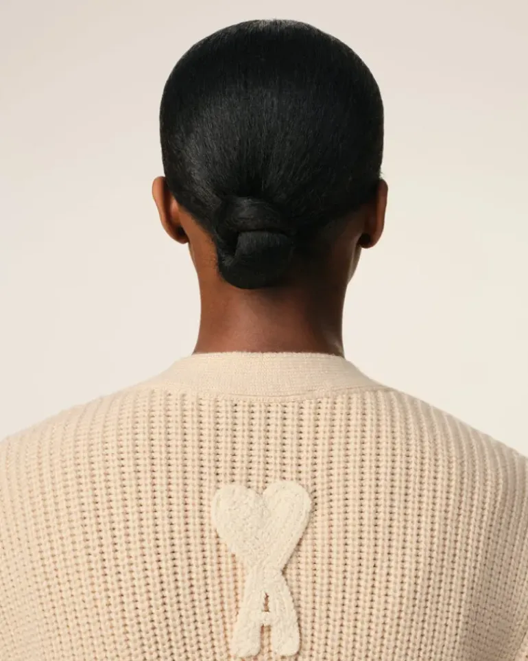 Ami Paris Beige Wool Ribbed Sweater WHITE CREAM Clearance