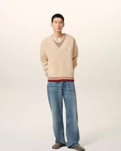 Ami Paris Beige Wool Ribbed V Neck Sweater WHITE CREAM Hot