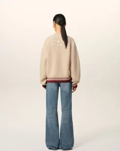 Ami Paris Beige Wool Ribbed V Neck Sweater WHITE CREAM Hot