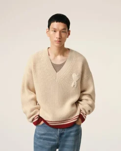 Ami Paris Beige Wool Ribbed V Neck Sweater WHITE CREAM Hot