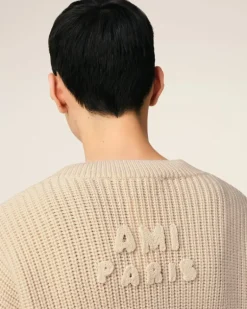 Ami Paris Beige Wool Ribbed V Neck Sweater WHITE CREAM Hot