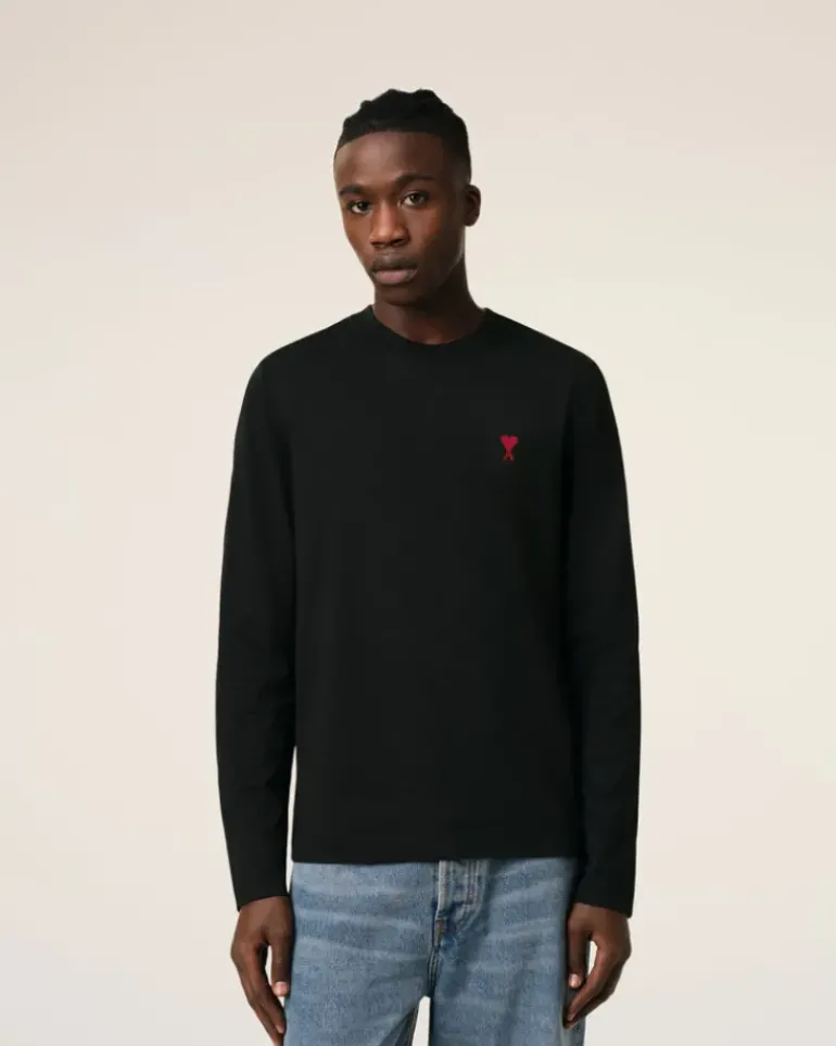 Ami Paris Cotton Ami de Coeur Long Sleeves T-Shirt BLACK Sale