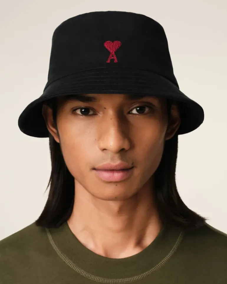 Ami Paris Cotton Ami de Coeur Embroidery Bucket Hat BLACK Clearance
