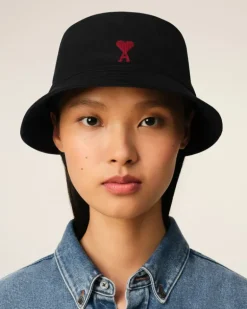 Ami Paris Cotton Ami de Coeur Embroidery Bucket Hat BLACK Clearance