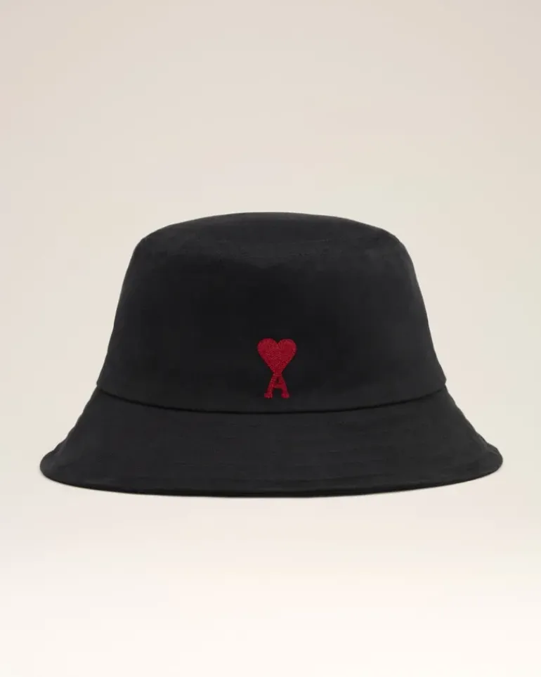 Ami Paris Cotton Ami de Coeur Embroidery Bucket Hat BLACK Clearance