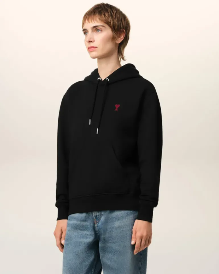 Ami Paris Cotton Ami de Coeur Hoodie BLACK Outlet