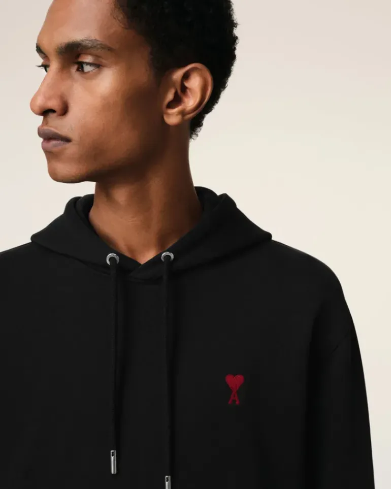 Ami Paris Cotton Ami de Coeur Hoodie BLACK Outlet