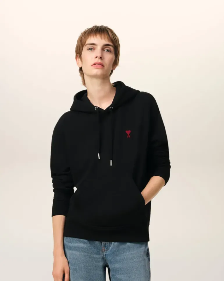 Ami Paris Cotton Ami de Coeur Hoodie BLACK Outlet