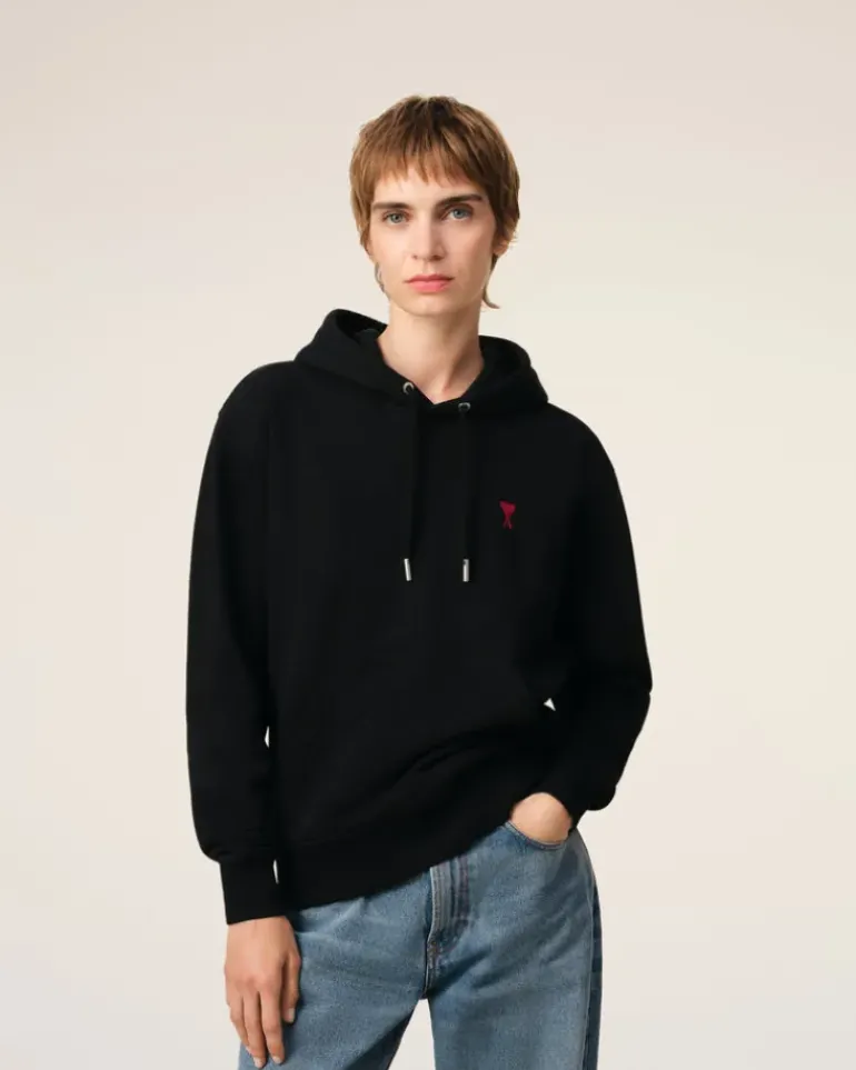 Ami Paris Cotton Ami de Coeur Hoodie BLACK Outlet