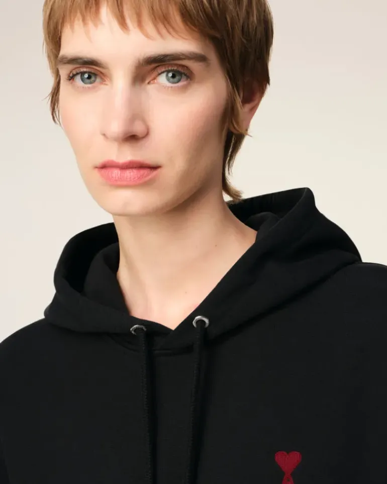 Ami Paris Cotton Ami de Coeur Hoodie BLACK Outlet