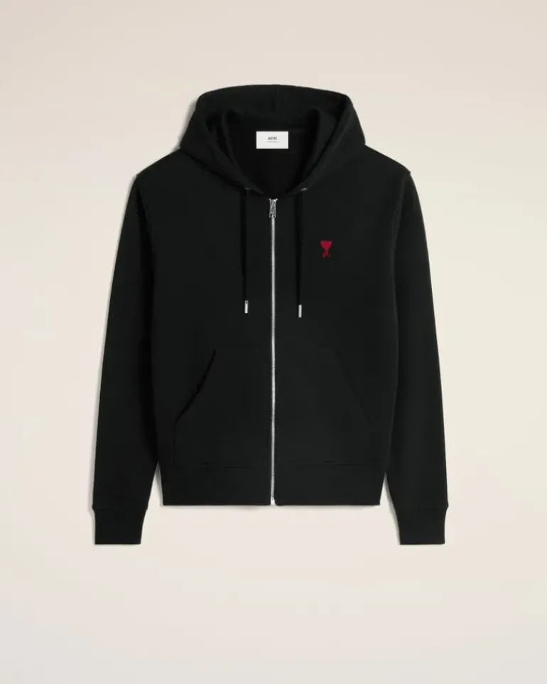 Ami Paris Cotton Ami de Coeur Zipped Hoodie BLACK New