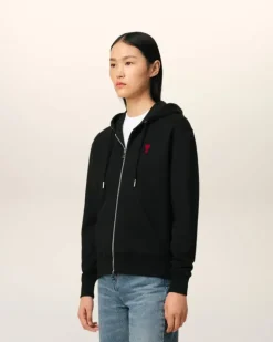 Ami Paris Cotton Ami de Coeur Zipped Hoodie BLACK New