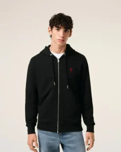 Ami Paris Cotton Ami de Coeur Zipped Hoodie BLACK New