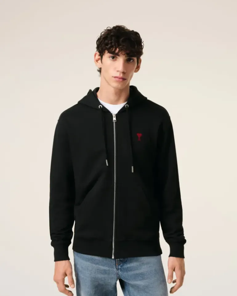 Ami Paris Cotton Ami de Coeur Zipped Hoodie BLACK New