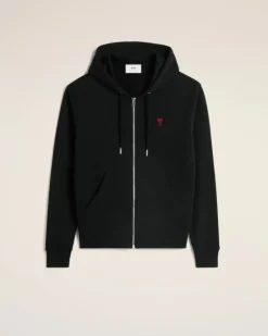 Ami Paris Cotton Ami de Coeur Zipped Hoodie BLACK New