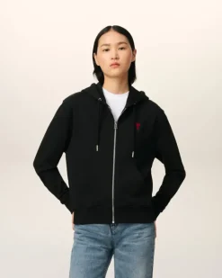 Ami Paris Cotton Ami de Coeur Zipped Hoodie BLACK New