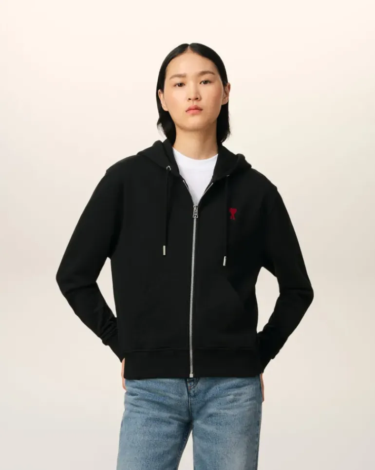 Ami Paris Cotton Ami de Coeur Zipped Hoodie BLACK New